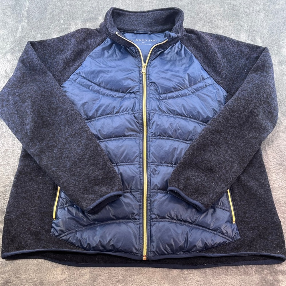 London Fog Navy Blue Hybrid Quilted Down Knit Sleeve Jacket XXL Thumbholes